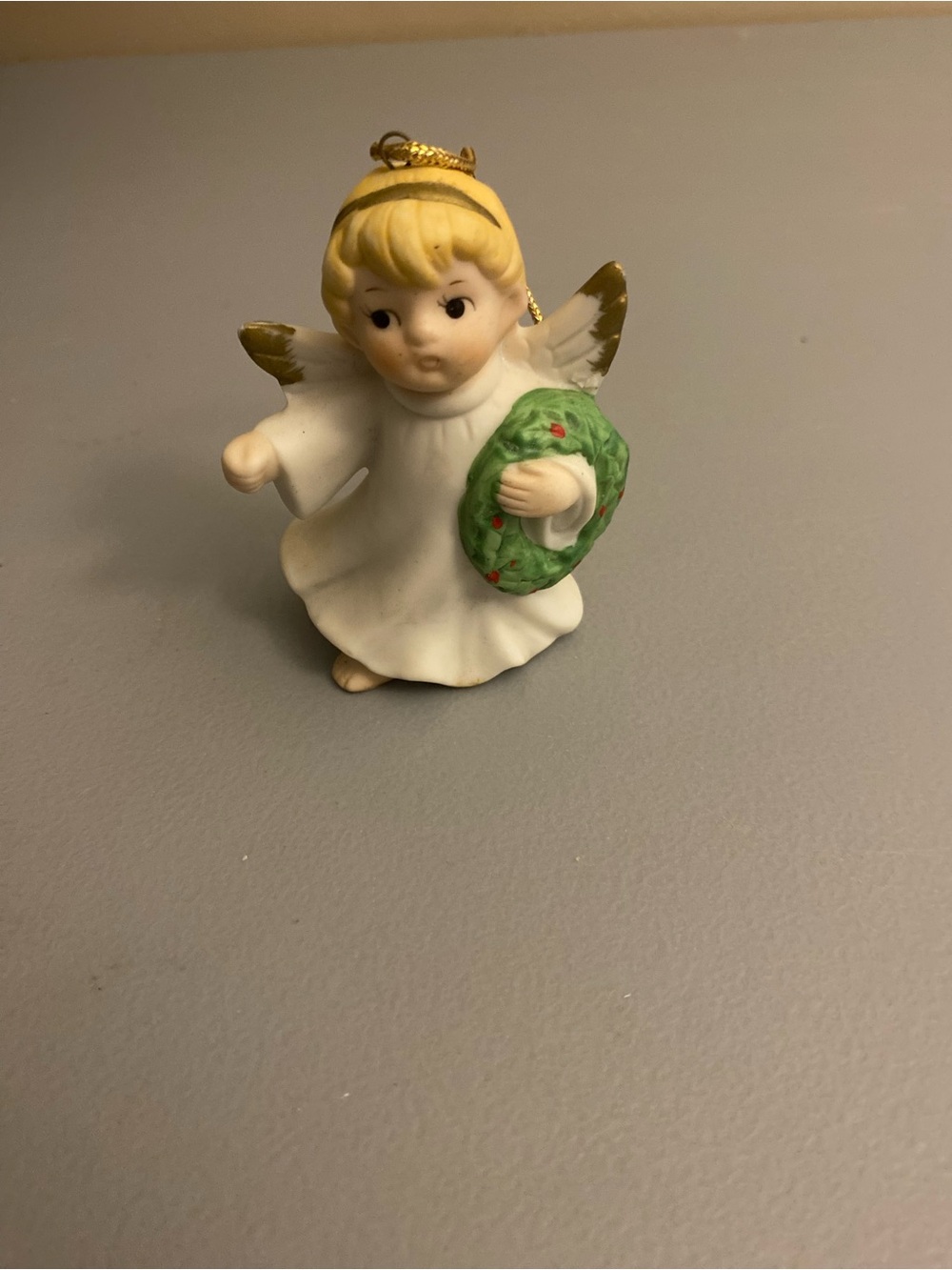 Vintage Porcelain Angel Ornament with Green Wreath - White and Gold
